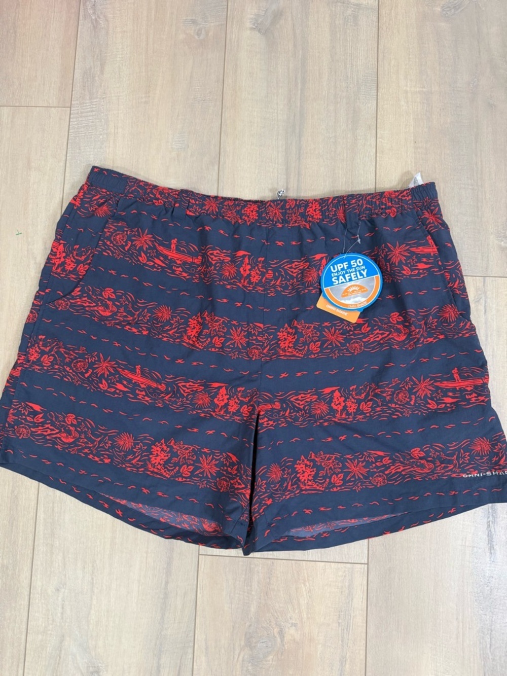 Columbia Navy Swim Trunks with Red Tropical Stripe Print